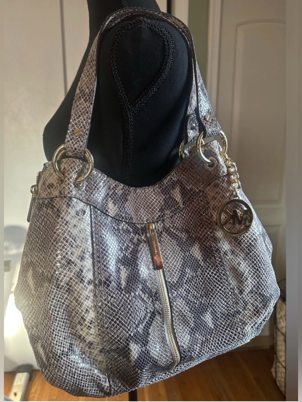 Michael Kors Snake Embossed Leather Shoulder Bag NEW With Tag Gold Hardware Tote